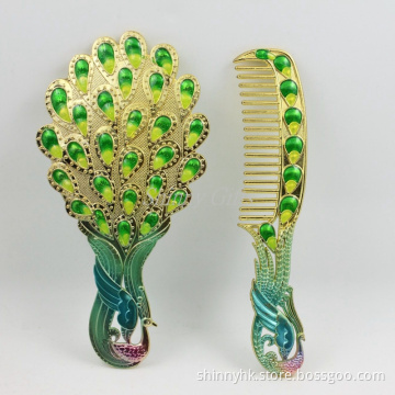 Shinny Gifts Enamel Peacock Tail Design Hand Mirror with Comb Wedding Favor